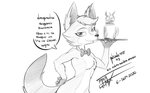 ambiguous_gender anthro barista beverage bow_tie coffee coffee_mug dialogue dirty_talk fangs female looking_at_viewer nude simple_background solo teeth text taka_studio antoinette_(el_senor_erizo) canid canine fox mammal hi_res monochrome signature spanish_text translated