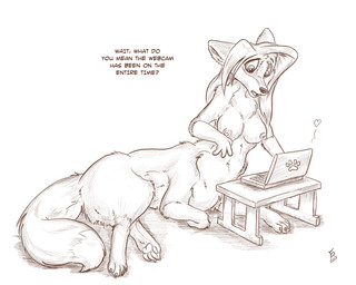 breasts computer dialogue dipstick_tail electronics female fur hair heart_symbol laptop lying markings multicolored_tail nipples nude on_side open_mouth solo tail tail_markings text flinters canid canid_taur canine canine_taur fox fox_taur mammal mammal_taur taur 5:4 english_text