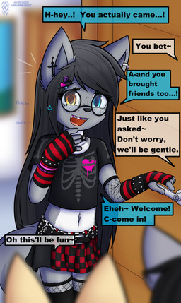 alternative_fashion anthro belt bottomwear braces chain clothing collar dialogue emo eyewear female footwear glasses goth legwear punk skirt socks solo speech_bubble text thigh_highs young dream_mirage kayla_kitsune canid canine canis fox hybrid mammal wolf absurd_res hi_res