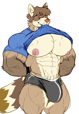 abs anthro areola barazoku biceps big_bulge big_muscles big_pecs biped black_bottomwear black_clothing black_shorts blue_clothing blue_shirt blue_t-shirt blue_topwear blush bodily_fluids bottomwear brown_body brown_fur brown_hair bulge clothed clothed_anthro clothed_male clothing clothing_lift countershade_face countershade_fur countershade_legs countershade_neck countershade_torso countershading deltoids eyebrows facial_markings fur gloves_(marking) hair hands_behind_back head_markings huge_muscles huge_pecs inner_ear_fluff lifting_own_shirt looking_aside male male_anthro manly markings mask_(marking) monotone_background multicolored_body multicolored_fur muscular muscular_anthro muscular_arms muscular_male muscular_thighs narrowed_eyes navel nipples one_eye_closed pecs pink_areola pink_nipples quads red_nose ring_(marking) ringed_tail shirt shirt_in_mouth shirt_lift shorts simple_background smile solo standing striped_markings striped_tail stripes sweat sweaty_clothing t-shirt tail tail_markings tan_body tan_countershading tan_fur tan_inner_ear tan_inner_ear_fluff teeth three-quarter_view topwear triceps tuft vein white_background majestictweive neonavis ardo_(tadaoardo) mammal procyonid raccoon digital_drawing_(artwork) digital_media_(artwork) flat_colors hi_res portrait three-quarter_portrait