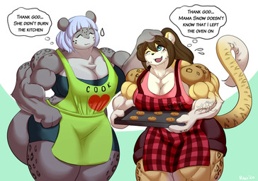 anthro apron biceps big_breasts big_muscles breasts chest_tuft clothing cookie dialogue duo female food hair huge_breasts huge_muscles muscular muscular_anthro muscular_female pecs pecs_with_breasts ponytail smile tattoo text thick_thighs tuft razzberryboat mama_snow_(razzberryboat) felid leopard mammal pantherine snow_leopard absurd_res english_text hi_res