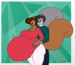 anthro belly big_belly big_breasts blue_eyes blush bottomwear breasts brown_body brown_eyes brown_fur brown_hair clothing copyright_symbol digit_ring duo female fur grey_body grey_fur grey_hair hair huge_belly hyper hyper_belly hyper_pregnancy jewelry long_sleeve_shirt long_sleeves male multicolored_body multicolored_fur pants pregnant pregnant_anthro pregnant_female ring shirt symbol topwear two_tone_body two_tone_fur wedding_ring satsumalord gabriel_(satsumalord) john_(satsumalord) grey_squirrel mammal rodent sciurid tree_squirrel 2022 digital_media_(artwork) hi_res