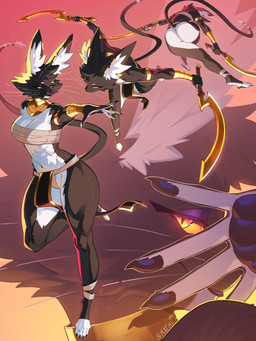 abs accessory amber_sclera ankle_wraps anthro armband big_butt black_body black_fur black_lips blade bottomwear bracelet breasts butt chest_wraps claws cleavage clothed clothing ear_piercing ear_ring egyptian egyptian_clothing eyelashes female finger_claws fur gold_(metal) gold_armband gold_bracelet gold_jewelry gold_necklace holding_object holding_weapon inner_ear_fluff jewelry lips loincloth looking_at_viewer makeup mascara midair multicolored_body multicolored_fur multiple_poses muscular muscular_anthro muscular_female necklace pawpads piercing pose quads red_eyes ring_piercing skimpy solo standing tail thick_thighs thong toe_claws tuft two_tone_body two_tone_fur underwear usekh weapon whiskers white_body white_fur white_inner_ear white_inner_ear_fluff wide_hips wraps muart242 bacardi_(muart242) domestic_cat felid feline felis mammal 2026 absurd_res hi_res pinup signature