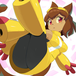 anthro breasts brown_hair butt female hair looking_at_another mechanical_arm open_mouth short_hair solo tail text drawligator gameoverse glitch_productions kit_bodega domestic_cat felid feline felis mammal 1:1 2026 absurd_res artist_name hi_res