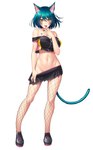 big_breasts black_bottomwear black_choker black_clothing black_jewelry black_necklace black_shirt black_shoe black_skirt black_topwear blue_hair blue_tail blush bottomwear breasts choker clothed clothing fangs female fishnet_clothing footprint hair inner_ear_fluff jewelry light_body light_skin long_tail navel necklace pawprint pink_tongue shirt short_hair simple_background skirt solo standing tail teeth tongue tongue_out topwear tuft undressing white_background yellow_eyes aikawa_arisa taimanin_(series) merci_(taimanin_asagi) animal_humanoid cat_humanoid felid felid_humanoid feline feline_humanoid humanoid mammal mammal_humanoid digital_media_(artwork) full-length_portrait hi_res official_art portrait