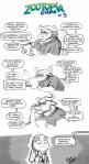 anthro beverage black_and_white bovid bovine canid canine cape_buffalo chief_bogo clothed clothing coffee comic darkgargo_(artist) dialogue disney ears_down english_text eyewear female food glasses hi_res judy_hopps lagomorph leporid male mammal monochrome pivoted_ears police police_uniform rabbit reading simple_background smile speech_bubble text tired uniform white_background zootopia