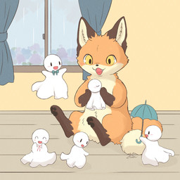 ambiguous_gender blush brown_body brown_fur dipstick_tail eyes_closed fangs feet feral fur group inside leg_markings markings multicolored_body multicolored_fur multicolored_tail open_mouth orange_body orange_fur pawpads paws raining sitting smile socks_(marking) tail tail_markings teeth toes umbrella white_body window yellow_eyes fusau canid canine fox ghost mammal spirit true_fox 1:1 2026 hi_res