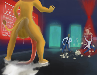 anthro artificial_lifeform balls big_balls big_penis black_clothing black_shirt black_topwear blue_bottomwear blue_clothing blue_jeans blue_pants bodily_fluids body_modification bottomwear clothing coat cum cum_on_balls cum_on_penis cum_on_self cum_pool denim denim_bottomwear denim_clothing emergency erection erection_under_clothing excessive_cum excessive_genital_fluids genital_fluids genitals hyper jeans lab_coat laboratory long_penis male messy pants paper penis permanent_erection red_lights scientist shirt tapering_penis topwear unstoppable_orgasm dekofox cheetah felid feline lion mammal pantherine absurd_res digital_media_(artwork) hi_res