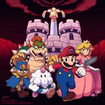 blonde_hair blue_eyes bracelet castle clothed clothing cloud cookware crown doll dress facial_hair female frying_pan group hair hat headgear headwear jewelry kitchen_utensils long_hair male mustache pink_clothing pink_dress red_hair spiked_bracelet spikes tools letitmelo mario_bros nintendo super_mario_rpg_legend_of_the_seven_stars bowser exor geno_(mario) mallow_(mario) mario princess_peach air_creature animate_inanimate elemental_creature human koopa living_cloud living_doll mammal nimbus_(mario) scalie 1:1 hi_res