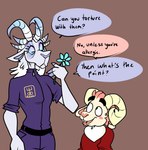 3_fingers 6_horns anthro asking asking_another belt black_belt black_eyebrows blue_eyes blue_flower blue_horn blue_jumpsuit brown_background buckteeth closed_frown clothed clothed_anthro clothed_female clothed_male clothing curled_horn curved_horn dialogue duo ear_piercing eyebrows eyelashes female female_anthro fingers flower frown fully_clothed fully_clothed_anthro fully_clothed_female fur hair holding_flower holding_object hooved_fingers hooves horizontal_pupils horn larger_anthro larger_female long_hair looking_at_another male male_anthro mouth_closed multi_horn multicolored_eyes multicolored_horn open_mouth open_smile piercing pink_hair pink_inner_ear pink_nose pink_tongue plant pockets pupils purple_body purple_fur purple_nose question red_clothing red_shirt red_topwear rolled_up_sleeves shirt short_hair simple_background size_difference smaller_anthro smaller_male smile speech_bubble standing teeth text text_on_clothing text_on_jumpsuit thick_eyebrows tongue topwear white_hair white_horn yellow_horn zipper beastofeuthanasia alkei wynter_(beastofeuthanasia) bovid caprine caprine_demon demon goat goat_demon mammal 2023 colored digital_drawing_(artwork) digital_media_(artwork) english_description english_text hi_res shaded simple_shading