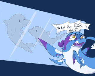 blue_body blue_skin confusion countershading female feral gesture hand_gesture legless markings pointing purple_markings text white_body xilrayne luun_mistalo alien aquatic cetacean dolphin magiu mammal toothed_whale 2023 alpha_channel