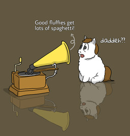 ambiguous_feral ambiguous_gender baby_talk brown_hair brown_tail dialogue feral fur gramophone grey_eyes hair open_mouth reflection side_view sitting solo surprised tail text white_body white_fur white_text young young_ambiguous young_feral carpdime fluffy_pony fluffy_pony_(species) mammal digital_media_(artwork) english_text