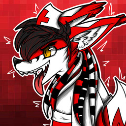 abstract_background anthro black_hair black_nose cheek_tuft clothing cross ear_tuft facial_hair facial_tuft fur hair hat headgear headwear inner_ear_fluff male nurse_clothing nurse_hat nurse_headwear outline pseudo_hair red_body red_fur smile solo teeth tentacle_hair tentacles tongue tongue_out tuft white_body white_fur white_outline yellow_eyes jamingu lapfox_trax renard_queenston canid canine fox mammal 1:1 2013