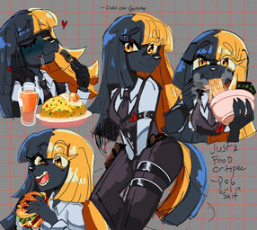 anthro blonde_hair blue_body blue_fur blue_hair bottomwear clothed clothing cutlery eating eating_food eyes_closed female fingers fork fur hair holding_fork kitchen_utensils multicolored_hair necktie pants solo tail tools two_tone_hair kiwisharku rayna_(kiwisharku) canid canine canis domestic_dog mammal 2025 digital_drawing_(artwork) digital_media_(artwork) hi_res