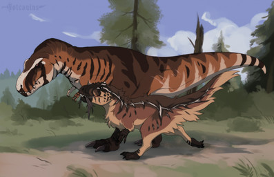 ambiguous_gender big_claws claws day duo feral grass looking_at_another mouth_hold multicolored_body nude outside plant sharp_teeth size_difference sky tail teeth tree walking volcanins dinosaur prehistoric_species reptile saurischian scalie theropod tyrannosaurid tyrannosauroid tyrannosaurus yutyrannus 2026 colored digital_drawing_(artwork) digital_media_(artwork) hi_res shaded