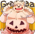 anthro belly black_nose blush clothing costume halloween_costume holidays humanoid_hands jack-o'-lantern kemono male overweight overweight_male painted_belly pumpkin_belly solo green_bell halloween bear mammal 2022 hi_res