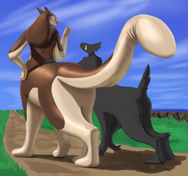 ambiguous_gender black_body blue_sky cloud dirt_path dirt_road duo fluffy_body glistening glistening_body grass hand_on_back hand_on_hip inflatable long_tail looking_at_another looking_down looking_up plant red_eyes sky tail talking_to_another tan_underbelly walking malevolified animate_inanimate living_inflatable sergal sergal_taur taur unknown_species 2025 hi_res