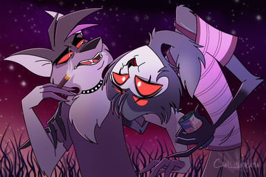 anthro beak beverage bottomwear can cigarette cigarette_smoke clothed clothing collar container cosmic_background duo energy_drink fangs feahers fur grass half-closed_eyes head_turned holding_can holding_cigarette holding_container holding_object looking_at_another male multi_eye narrowed_eyes open_mouth pants plant red_eyes shirt sky smoke star starry_background starry_sky teeth topwear wide_eyed atimon hellaverse helluva_boss mythology red_bull fen_(atimon) stolas_(helluva_boss) avian canid canid_demon canine demon hellhound mammal mythological_canine mythological_creature 2025 3:2 signature