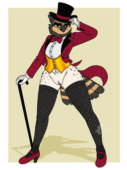 anthro black_tie_(suit) bottomless bottomless_female bow_tie cane casual_exposure clitoris clothed clothing coat collared_shirt dress_shirt female fishnet_clothing fishnet_legwear footwear genitals gloves handwear hat headgear headwear high_heels legwear shirt shoes showgirl solo stockings suit tailcoat top_hat topwear vest vulva fish_birb elaine_(bizart) avian bird owl pygmy_owl true_owl absurd_res hi_res