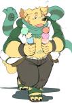 anthro belly black_nose bottomwear clothing dessert food fur humanoid_hands ice_cream male navel overweight overweight_anthro overweight_male pants scarf simple_background solo white_background yellow_body yellow_fur ayame42612 lifewonders tokyo_afterschool_summoners cu_sith_(tas) canid canine canis domestic_dog hunting_dog mammal 2017