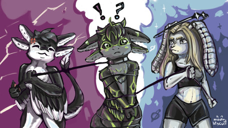 3_fingers 4_ears 4_fingers ambiguous_gender angry annoyed anthro athletic_wear biped black_body black_bottomwear black_claws black_clothing black_feathers black_finger_claws black_fur black_hair black_sclera black_shorts black_wings blonde_hair blush bottomwear bound bra chest_tuft claws clothing collar collar_only confusion countershading cross-popping_vein digitigrade dreadlocks electricity exclamation_point eyebrows eyes_closed feathered_wings feathers featureless_crotch female fighting_over_boy finger_claws fingers fur gesture green_body green_eyes green_hair green_markings grey_body grey_eyes group gym_bottomwear gym_shorts hair halo hand_gesture highlights_(coloring) holding_leash holding_object interrobang leash leash_bondage leash_pull leashed_collar lightning long_hair looking_at_another markings middle_finger midriff multi_ear multicolored_body navel nude pseudo_hair question_mark restraints rope shorts simple_background sports_bra sportswear tail tail_tuft text tight_clothing topwear trio tuft tufted_fur underwear white_body white_feathers white_fur white_inner_ear white_wings winged_arms wings moonbiscuit fyr_(fenrir784) moonbiscuit_(character) stryx_(avali) avali avian bird lagomorph leporid mammal rabbit 16:9 2026 artist_name digital_drawing_(artwork) digital_media_(artwork) english_text hi_res meme shaded signature simple_shading widescreen