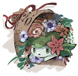 ambiguous_gender bouquet eyelashes feral flower green_eyes paws plant simple_background smile solo white_body 1south3927 nintendo pokemon generation_4_pokemon land_forme_shaymin legendary_pokemon pokemon_(species) shaymin 2021 hi_res
