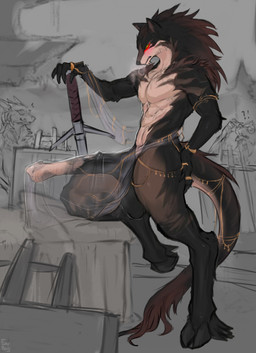 abs animal_genitalia animal_penis anthro balls big_balls big_penis black_body black_fur bottomwear brown_body brown_fur clothing equine_genitalia equine_penis erection featureless_chest female female_anthro flared_penis fur genitals group hooves huge_penis loincloth male male_anthro medial_ring melee_weapon multicolored_body multicolored_fur nude_modelling obliques pecs penis solo_focus sword tan_body translucent translucent_loincloth trio unguligrade weapon laobai canid canine canis demon equid equine horse hybrid mammal wolf hi_res