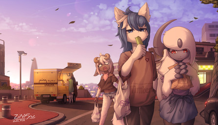 :3 accessory amazing_background anthro big_claws biped black_body black_bottomwear black_claws black_clothing black_pants black_skin blue_claws blue_eyes blue_hair bottomwear breasts building car chest_tuft city claw_fingers claws clothed clothing cloud commercial_vehicle daisy_dukes day delivery_(commerce) delivery_vehicle denim denim_bottomwear denim_clothing denim_shorts detailed_background dress eyewear female finger_claws fluffy food food_in_mouth food_truck fully_clothed fur glasses green_hair group hair half-closed_eyes handpaw holding_food holding_object horn hotpants humanoid_hands leaf long_hair looking_at_another male medium_truck monotone_hair multi-stop_van narrowed_eyes neck_tuft open_mouth outside pants paws pin_accessory pin_button plant pokemorph popsicle red_eyes road semi-anthro shirt shopping_bag shorts sky standing t-shirt topwear truck tuft van vehicle white_body white_fur white_hair zinfyu nintendo pokemon lute_(zinfyu) sakura_hichuena absol bovid canid canine canis caprine generation_3_pokemon lagomorph mammal pokemon_(species) sheep wolf 2020 absurd_res detailed digital_media_(artwork) hi_res shaded