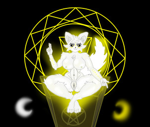 anthro baphomet_(mythology) breasts female fur genitals magic magic_circle moon occult parody solo vulva white_body white_fur yellow_eyes neonhermit4444 girlkisser felid feline mammal absurd_res digital_media_(artwork) hi_res meme