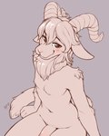 2023 4:5 ajin anthro beastars blush bovid caprine dall_sheep femboy flaccid genitals hi_res horn humanoid_genitalia humanoid_penis looking_at_viewer male male_anthro mammal monochrome navel neck_tuft nude penis penis_base pina_(beastars) sheep simple_background sitting sketch slim smile solo tuft