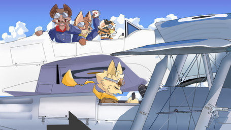 aircraft airplane anthro bad_idea black_body black_fur brown_body brown_fur cloud cloudy_sky container cup danger dangerous eyes_closed flying fur green_eyes kemono machine male mug orange_body orange_fur pilot_uniform protective_eyewear red_eyes scarf shout sky skyscape sleeping surprised throwing tired vehicle white_body white_fur worried yellow_body yellow_fur yellow_sclera ancient_husky canid canine canis felid fox hyena mammal pantherine red_fox tiger true_fox wolf 16:9 4k absurd_res hi_res widescreen