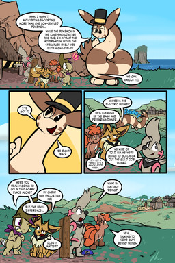 4_panel_comic ambiguous_gender biped black_cape black_clothing black_eyes black_nose black_text blue_text brown_body brown_eyes brown_fur brown_hair building cape cave clothing cloud day dialogue ellipsis exclamation_point eyewear feral fingers fluffy fluffy_tail fur grey_eyes group hair hand_behind_back hat headgear headwear inner_ear_fluff monocle mouth_closed multi_tail neck_tuft open_mouth open_smile outside page_number pawpads paws plant pupils purple_eyes purple_scarf quadruped question_mark scarf sea sharp_teeth sky smile sound_effects speech_bubble standing tail talking_to_another teeth text tongue toony top_hat translucent translucent_hair tree tuft tusks water white_pupils white_sclera virmir nintendo pokemon pokemon_mystery_dungeon spike_chunsoft sierra_(virmir) twobyfour_(virmir) virmir_(character) zinc_(zincxiron) axew eevee furret generation_1_pokemon generation_2_pokemon generation_5_pokemon pokemon_(species) timburr vulpix 2026 2:3 absurd_res comic english_text hi_res signature female_(lore) male_(lore)
