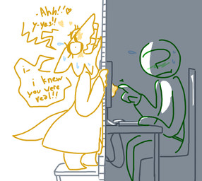 anthro blush bodily_fluids breasts clothed clothing computer duo electronics eyewear female glasses happy heart_symbol human_on_anthro interspecies looking_pleasured male nipples open_mouth partially_clothed shirt sitting submissive submissive_female sweat teeth teleportation through_screen topwear what what_has_science_done wide_eyed yelling the_weaver undertale undertale_(series) alphys anon human lizard mammal reptile scalie digital_drawing_(artwork) digital_media_(artwork)