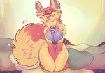 absurd_res anthro bed blep blue_body blue_fur breasts canid canine digital_media_(artwork) ear_piercing ear_ring eyelashes eyes_closed female fluffy fluffy_tail fox fur furniture hi_res jewelry kneeling lemlem97 looking_at_viewer mammal melodyfox necklace nude piercing pillow red_body red_fox red_fur ring_piercing simple_background smile solo tail teeth tongue tongue_out true_fox warm_colors yellow_body yellow_fur