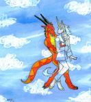 anthro blue_hair claws cloud duo hair hooves horn male male/male outside red_body romantic romantic_couple sky skyscape tail ayame_emaya mythology irving snowdrop dragon equid equine mammal mythological_creature mythological_equine mythological_scalie scalie unicorn 2003