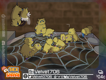 arthropod_webbing blue_eyes blue_genitals border brick brick_wall camera_hud female female/female feral fur group group_sex male male/female male/male orange_genitals orgy pink_eyes purple_eyes purple_genitals sex spider_web wall_(structure) wings yellow_body yellow_fur velvet706 new_pokemon_snap nintendo pokemon pokemon_snap prof_blanc's_sex_safari arachnid arthropod cutiefly generation_5_pokemon generation_7_pokemon joltik pokemon_(species) spider 4:3 hi_res watermark