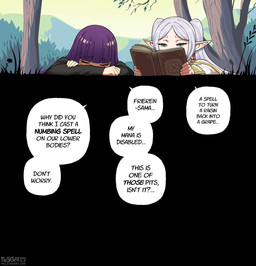 book clothing dialogue duo female hair humanoid_pointy_ears pointy_ears purple_hair reading reading_book restrained speech_bubble tentacle_pit text unawareacles white_hair fellatrix frieren_beyond_journey's_end fern_(frieren) frieren elf human humanoid mammal hi_res