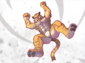 5_fingers abs anthro barefoot biped clothed clothing fangs feet fingers fur male markings muscular muscular_anthro muscular_male pawpads paws pecs pink_nose solo striped_body striped_fur striped_markings striped_tail stripes tail tail_markings teeth topless underwear lowerkuo felid mammal pantherine tiger 2015