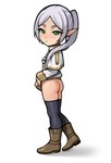 boots bottomless butt clothed clothing female footwear green_eyes grey_hair hair humanoid_pointy_ears not_furry shoes simple_background solo loodncrood frieren_beyond_journey's_end frieren elf humanoid 2024 hi_res