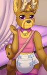 ageplay anthro antlers bed bell bell_collar brown_body brown_fur brown_hair cheek_tuft clothed clothing collar crossdressing diaper facial_tuft femboy front_view fur furniture hair horn infantilism inside looking_at_viewer male mouth_closed pink_clothing pink_topwear purple_collar purple_eyes roleplay short_hair solo standing tan_antlers tan_body tan_fur topwear tuft wearing_diaper white_diaper riddlr omen_(sambo48) deer mammal hi_res