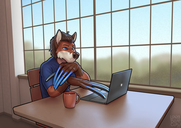anthro blue_clothing blue_shirt blue_topwear claws clothing computer electronics hyper_claws laptop long_claws male shirt solo topwear longblueclaw canid canine fox mammal