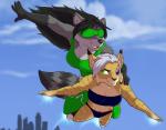 anthro blind blindfold breasts cloud cybernetics disability duo female flying green_eyes hair machine mask outside sky skyline stripes superhero fcsimba evay mrduhast felid feline lynx mammal procyonid raccoon 2014