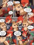2016 alcohol annoyed anthro beer beverage bottle bottomwear brown_eyes canid canine clothed clothing comic container dialogue disney drunk duo ellipsis english_text eye_contact fangs fennec_fox finnick_(zootopia) flirting fox fur green_eyes hi_res hindpaw hoodie kick looking_at_another luggage male male/male mammal medium_truck nick_wilde open_mouth pawpads paws red_fox seductive seth-iova shorts sitting size_difference speech_bubble substance_intoxication teeth text topless topwear truck_(vehicle) true_fox van vehicle wide_eyed zootopia
