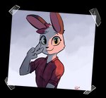 anthro black_nose clothing fur green_eyes highlights_(coloring) light looking_at_viewer red_body red_fur shirt smile solo topwear white_body white_fur enginetrap elote_(enginetrap) lagomorph leporid mammal rabbit 2022 alpha_channel digital_media_(artwork) hi_res lighting shaded signature