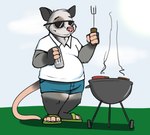 anthro barbecue belly beverage_can bottomwear clothing eyewear grilling male middle_aged shirt shorts smile solo sunglasses topwear emenius i_just_wanna_grill monster_energy wojak american_opossum mammal marsupial virginia_opossum hi_res meme