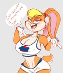 absurd_res anthro basketball_uniform big_breasts breasts cleavage clothed clothing dialogue english_text female hi_res lagomorph leporid lola_bunny looking_at_viewer looney_tunes mammal midriff rabbit solo sportswear talking_to_viewer tempson text uniform warner_brothers