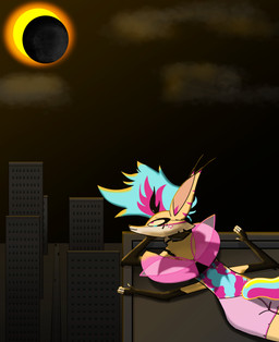 anthro bodily_fluids city city_background crying eclipse female glowing solo tears telepathy tuft flameofher hellaverse helluva_boss queen_bee-lzebub_(helluva_boss) canid canid_demon demon mammal absurd_res hi_res