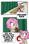 anthro big_eyes bottomwear breasts clothing dialogue female green_eyes locker_room shorts text toony sandunky sega sonic_the_hedgehog_(series) amy_rose eulipotyphlan hedgehog mammal 2:3 absurd_res comic english_text hi_res