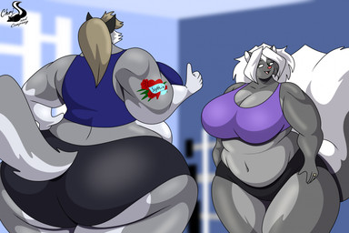 anthro breasts cleavage clothed clothing digit_ring duo female finger_ring gesture hair hand_gesture jewelry navel ponytail slightly_chubby tattoo thumbs_up chrisandcompany kelsey_sienna sophia_(xxsparcoxx) canid canine canis mammal mephitid skunk wolf hi_res