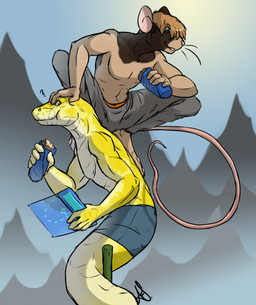 abs anthro bald carrying_another clothed clothing duo eating hair male map mountain muscular on_shoulders question_mark short_hair topless kitterjitters django hyjara mammal mouse murid murine reptile rodent scalie snake hi_res
